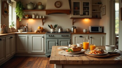 Cozy kitchen breakfast scene with fresh pastries, juice, and coffee creating a warm inviting morning atmosphere