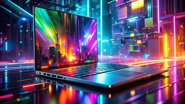 Laptop displaying a colorful cityscape with neon lights and a futuristic background aesthetic glow effect
