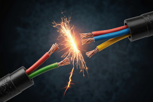 Electrical Arc A Close Up View of Two Cables with Exposed Wires Creating a Spark Gap Illustrating the Danger of Electrical Short Circuits