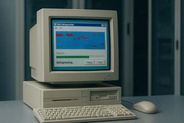 Vintage Computer Setup: A retro computer with its beige monitor, keyboard, mouse, and processing unit, sitting on a desk inside a dimly lit room.