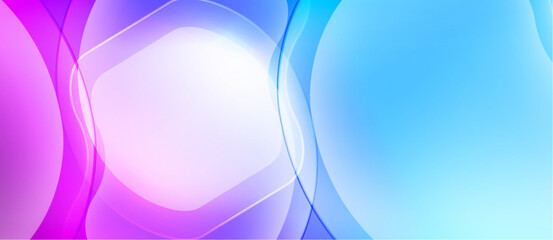 Abstract background features flowing shapes, vibrant colors. Pink, purple, blue hues blend seamlessly creating dynamic visual effect.
