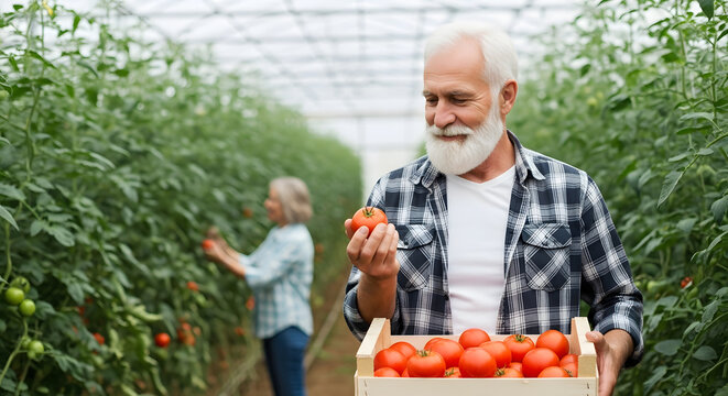 A senior farmer with a white beard inspects a ripe tomato while harvesting in a large greenhouse.