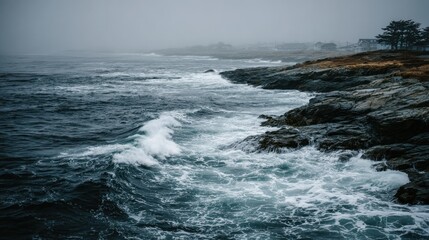 Dark, moody coastal scene with waves crashing against rocky shore under an overcast sky.