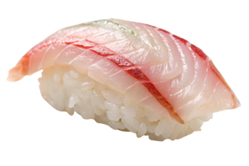 Fresh sea bream tai sushi nigiri with red skin markings on white rice, isolated on a transparent background