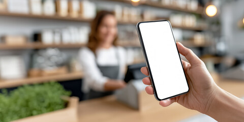 Hand Holding Smartphone with Blank Screen in Modern Coffee Shop Context