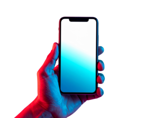 Hand holding smartphone with blue and red gradient background, isolated on transparent background PNG