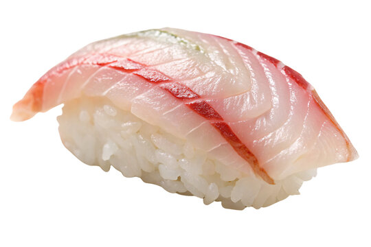 Fresh sea bream tai sushi nigiri with red skin markings on white rice, isolated on a transparent background