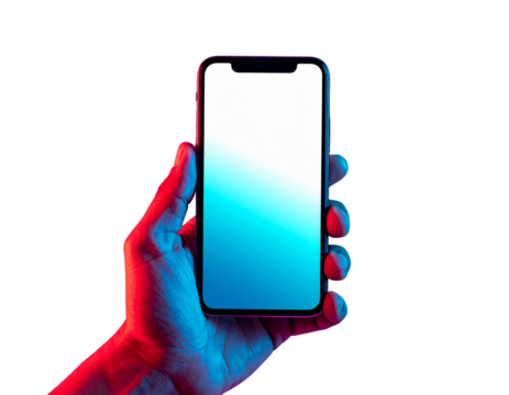 Hand holding smartphone with blue and red gradient background, isolated on transparent background PNG - Powered by Adobe