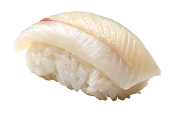 Fresh white fish nigiri sushi featuring translucent pale fish fillet over traditional seasoned sushi rice, isolated on a transparent background