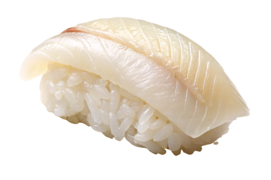 Fresh white fish nigiri sushi featuring translucent pale fish fillet over traditional seasoned sushi rice, isolated on a transparent background