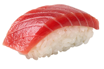 High-quality tuna nigiri sushi with rich red fish cut over traditional white sushi rice, isolated on a transparent background