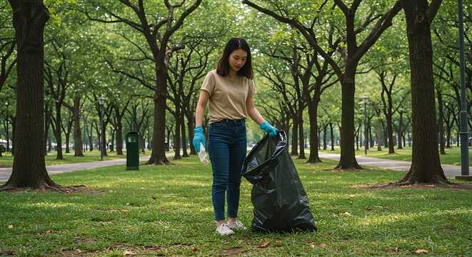 A young woman picking up trash in a park, contributing to environmental cleanup.