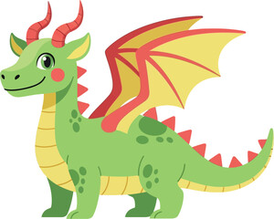Fototapeta premium Friendly green cartoon dragon with yellow wings and red accents stands proudly