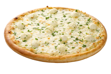 Four cheese pizza with white sauce, mozzarella, and fresh herbs on baked dough, isolated on a transparent background