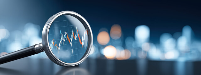 Magnifying Glass Focused on Stock Market Chart with Cityscape in the Background at Night
