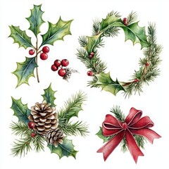 Beautiful Watercolor Christmas Elements Set for Holiday Decor