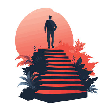 Concept de l'evolution de carriere et de la progression sur l'echelle sociale avec un homme qui grimpe petit a petit