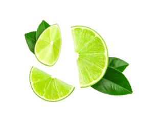 Vibrant green lime slices and wedges with fresh leaves showing juicy segmented pulp.