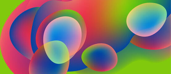 Vibrant overlapping circles create abstract colorful background. Smooth gradients blend pink, blue, green hues. Modern digital art.