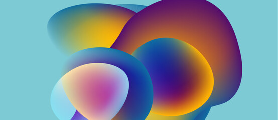 Abstract colorful shapes overlap, creating vibrant gradients. Blue background complements warm tones. Fluid forms suggest movement, energy.
