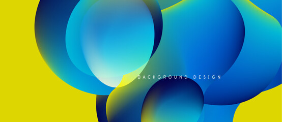 Abstract fluid shapes, vibrant blues, yellow backdrop. Modern design, smooth gradients create dynamic visual impact.