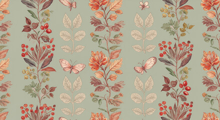 Elegant floral repeat pattern with butterflies and botanical elements on light green background
