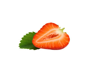 Vibrant Red Strawberry Half Showing Juicy Flesh and Seeds with a Fresh Green Leaf.