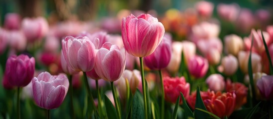 Obraz premium A vibrant field of colorful tulips blooms in various shades of pink and red, showcasing nature's beauty and floral diversity.