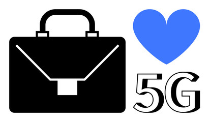 Black briefcase beside blue heart and 5G text symbolizing work, technology, love for innovation, and connectivity. Ideal for business, communication, technology, network, modern life