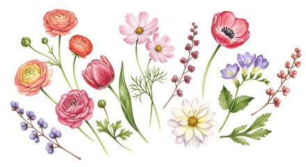 Elegant watercolor floral arrangement with vibrant ranunculus, tulips and cosmos