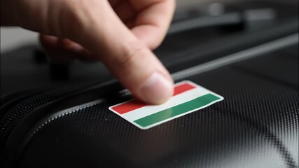 Preparing for an international trip, a person's hand carefully affixes the national flag sticker of Hungary onto their black travel baggage, a patriotic touch for the journey ahead.