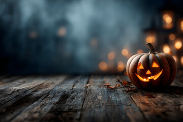 Halloween Pumpkin on wooden table in front of spooky dark background. Jack o lantern