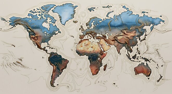 Colorful Artistic World Map with Watercolor Style and Topographic Contours for Educational or Travel Visuals