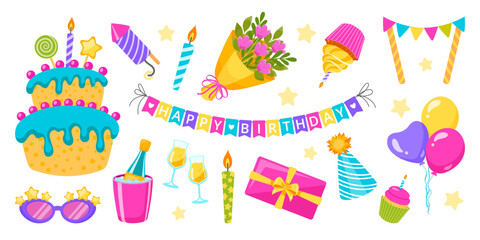 A vibrant collection of birthday elements, a colorful cake, candles, balloons, gifts, and festive decorations, perfect for party designs.