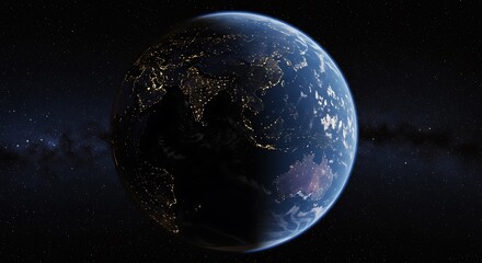Fototapeta premium Stunning Earth from space, illuminated by city lights against a starry backdrop. Perfect for science, technology, and environmental themes.
