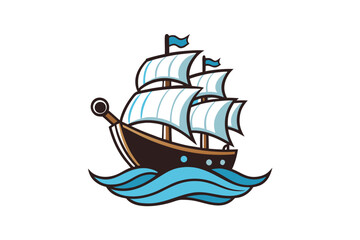 Nautical ship silhouette with ocean waves