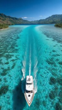 Luxury yacht glides through crystal clear turquoise waters, surrounded by lush green mountains and vibrant coral reefs, showcasing natures stunning