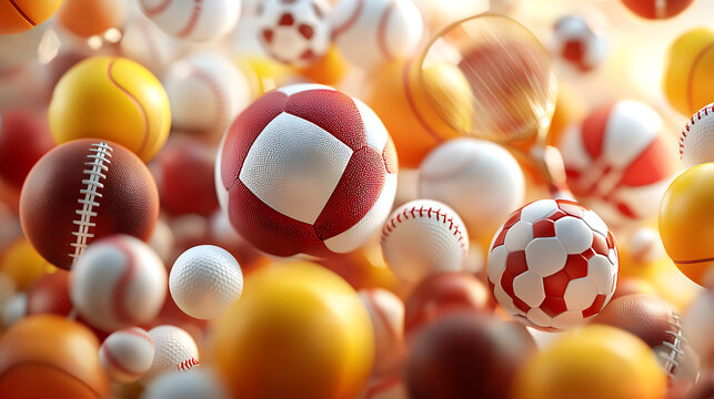 Abstract background featuring various types of sports balls, including soccer, basketball, tennis, and baseball, creating vibrant and dynamic - Powered by Adobe