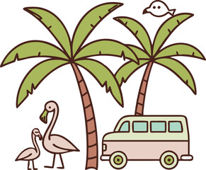 Retro Van, Palm Trees, Flamingos, Bird:  Whimsical Tropical Vacation Illustration