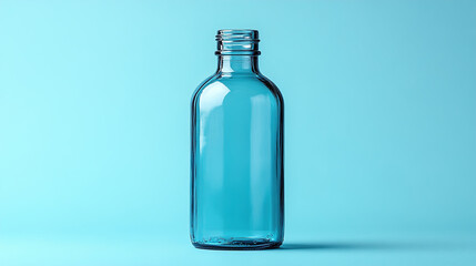 Elegant empty blue glass bottle with cork stopper evokes purity and simplicity