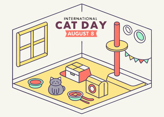 isometric vector of cozy cat room interior for august 8 &ndash; international cat day, ideal for infographic, web layout, or editorial illustration
