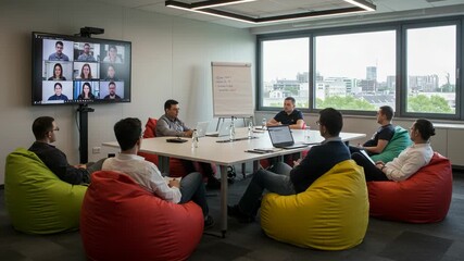 A diverse team of professionals engages in a collaborative meeting, utilizing video conferencing technology in a modern office setting - Powered by Adobe