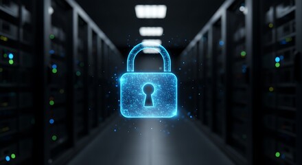 A glowing blue holographic padlock floats in the center of a dark server room. The padlock is closed and pulses with a soft light. 