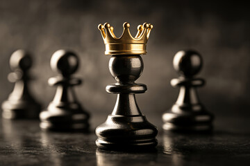 Strategic Chess Pawn Leadership A Symbol of Ambition and Power with a Golden Crown on Top of the Chess Piece on a Dark Background