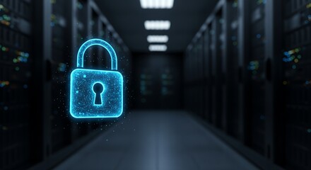A glowing blue holographic padlock floats in the center of a dark server room. The padlock is closed and pulses with a soft light. 