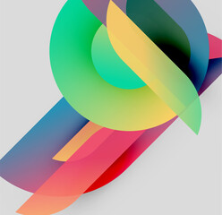 Abstract colorful shapes overlap, creating dynamic composition. Gradients blend hues, offering modern aesthetic. Smooth curves dominate design.