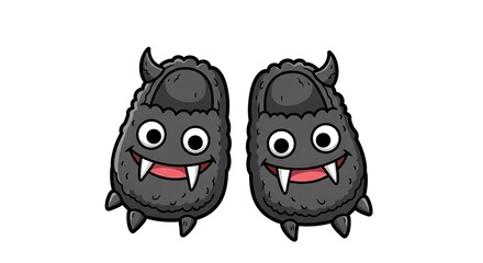 Two cartoonish monster slippers with horns and fangs on a white background are displayed nicely