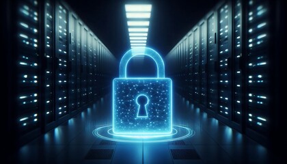 A glowing blue holographic padlock floats in the center of a dark server room. The padlock is closed and pulses with a soft light. 