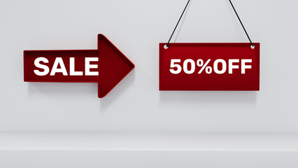 3D Sale Sign with Red Arrow and Hanging Board Showing “50% OFF” Promotion