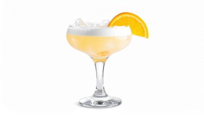 A vibrant citrus cocktail served in a stylish glass, garnished with an orange slice and ice cubes, isolated on a white background.